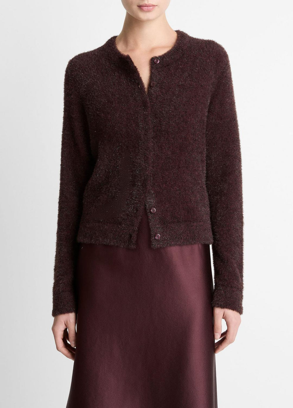VINCE | Metallic Eyelash Cardigan in Cardigans - OXBLOOD