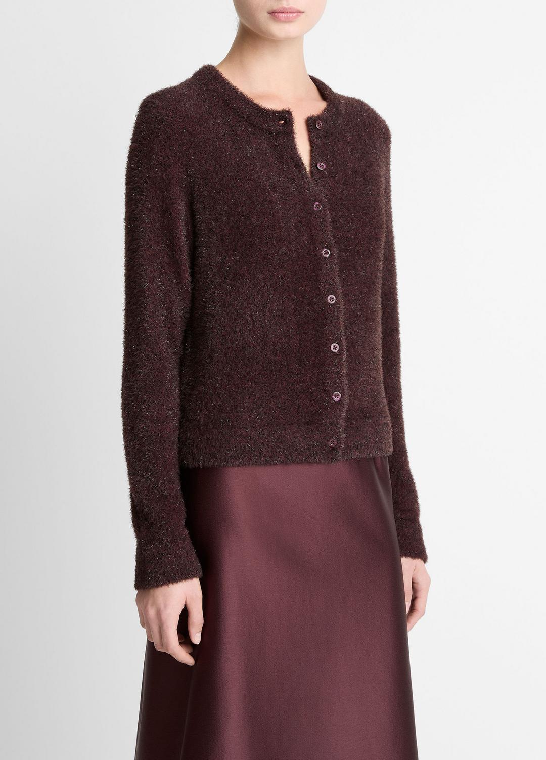 VINCE | Metallic Eyelash Cardigan in Cardigans - OXBLOOD