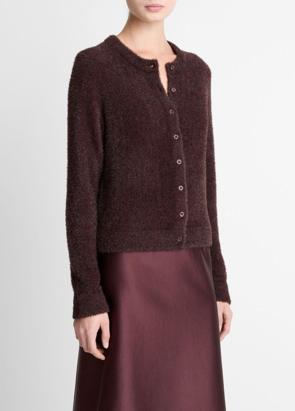 VINCE | Metallic Eyelash Cardigan in Cardigans - OXBLOOD