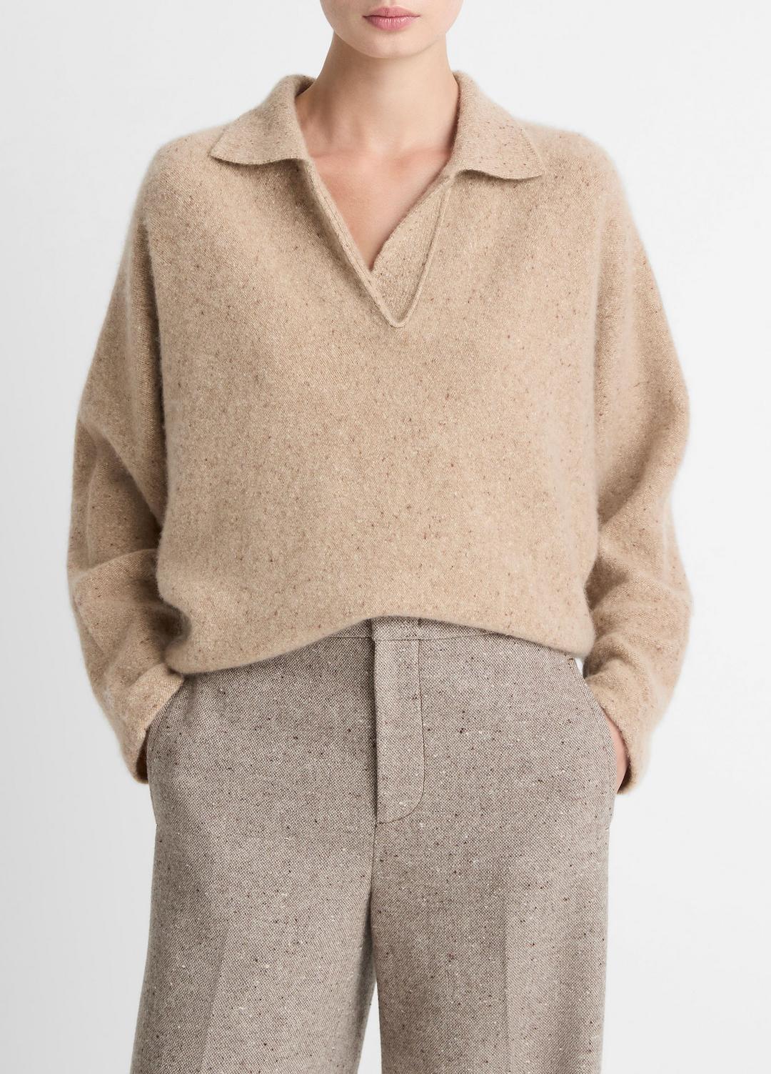 VINCE | Donegal Plush Cashmere Dolman-Sleeve Polo Sweater in Cashmere - HEATHER OAT DONEGAL