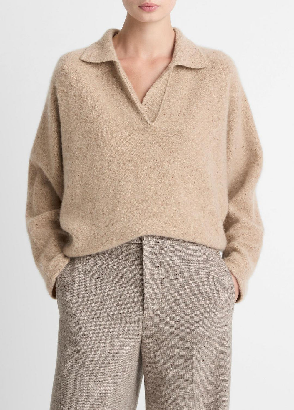VINCE | Donegal Plush Cashmere Dolman-Sleeve Polo Sweater in Cashmere - HEATHER OAT DONEGAL
