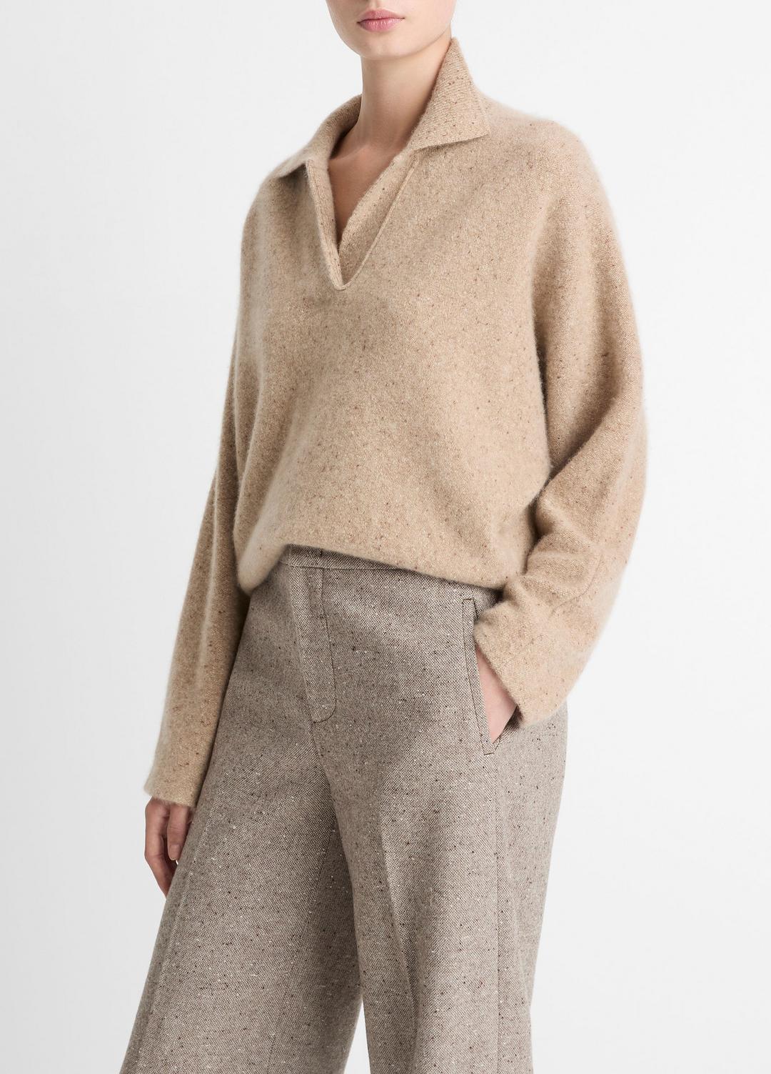 VINCE | Donegal Plush Cashmere Dolman-Sleeve Polo Sweater in Cashmere - HEATHER OAT DONEGAL