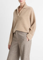 VINCE | Donegal Plush Cashmere Dolman-Sleeve Polo Sweater in Cashmere - HEATHER OAT DONEGAL