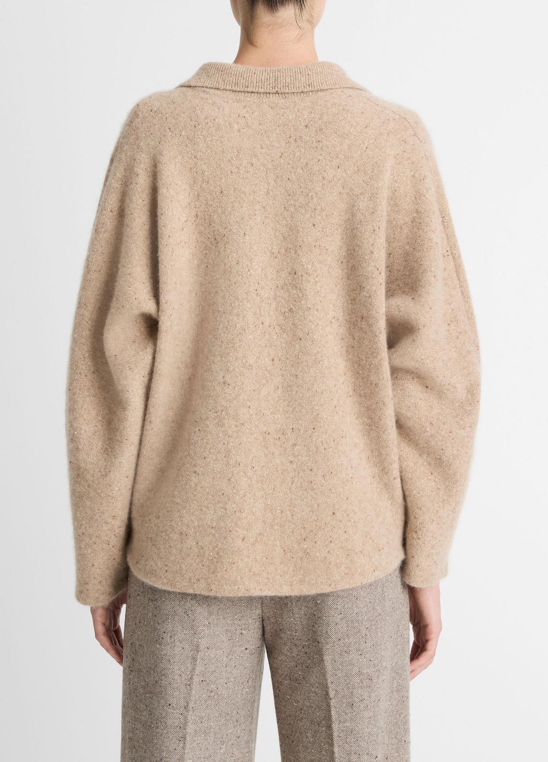 VINCE | Donegal Plush Cashmere Dolman-Sleeve Polo Sweater in Cashmere - HEATHER OAT DONEGAL