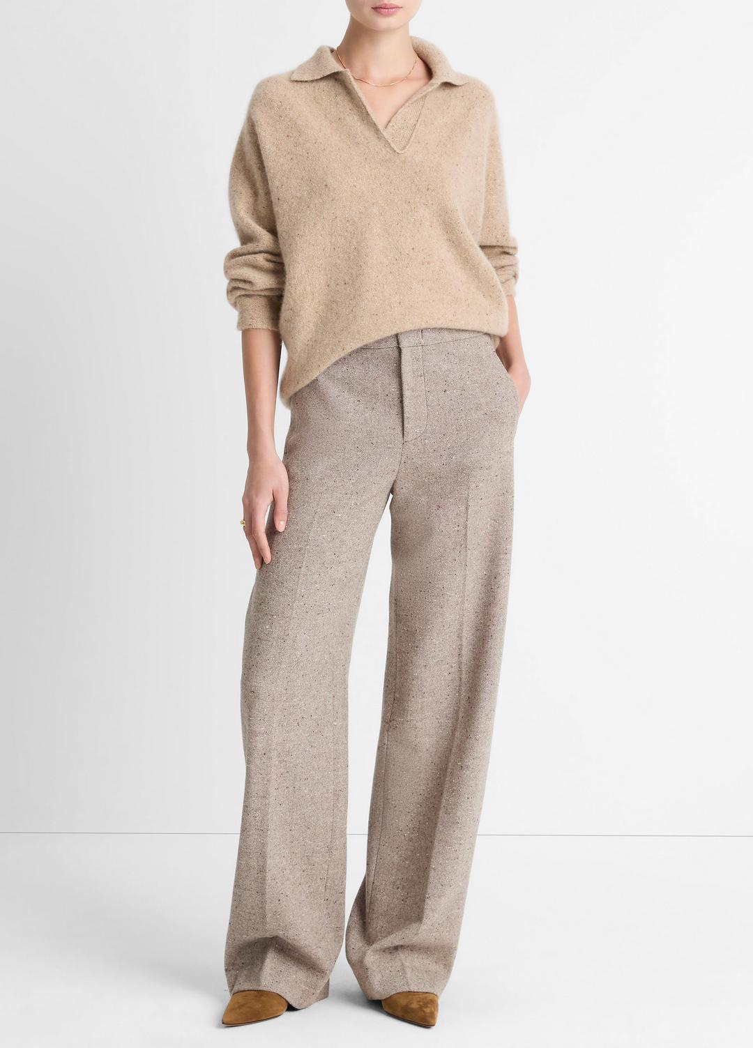VINCE | Donegal Plush Cashmere Dolman-Sleeve Polo Sweater in Cashmere - HEATHER OAT DONEGAL