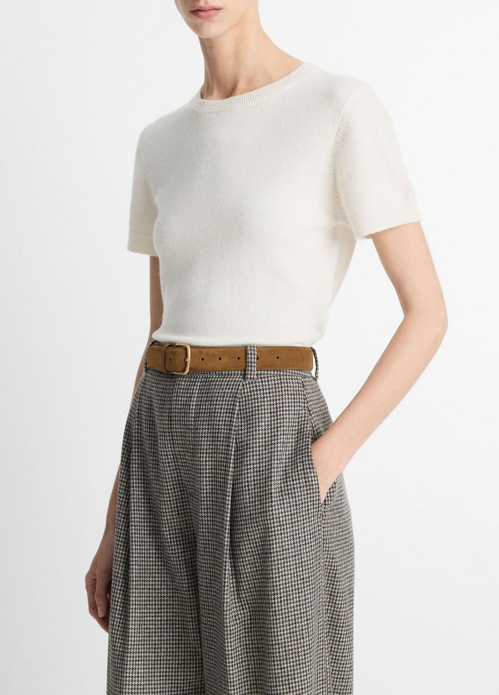 VINCE | Wool & Cashmere-Blend Short-Sleeve Sweater in Crew Neck - OFF WHITE