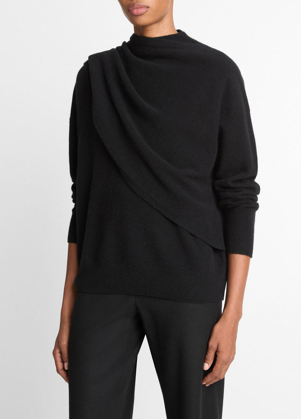 VINCE | Draped-Shawl Wool-Cashmere Sweater in Turtleneck - BLACK