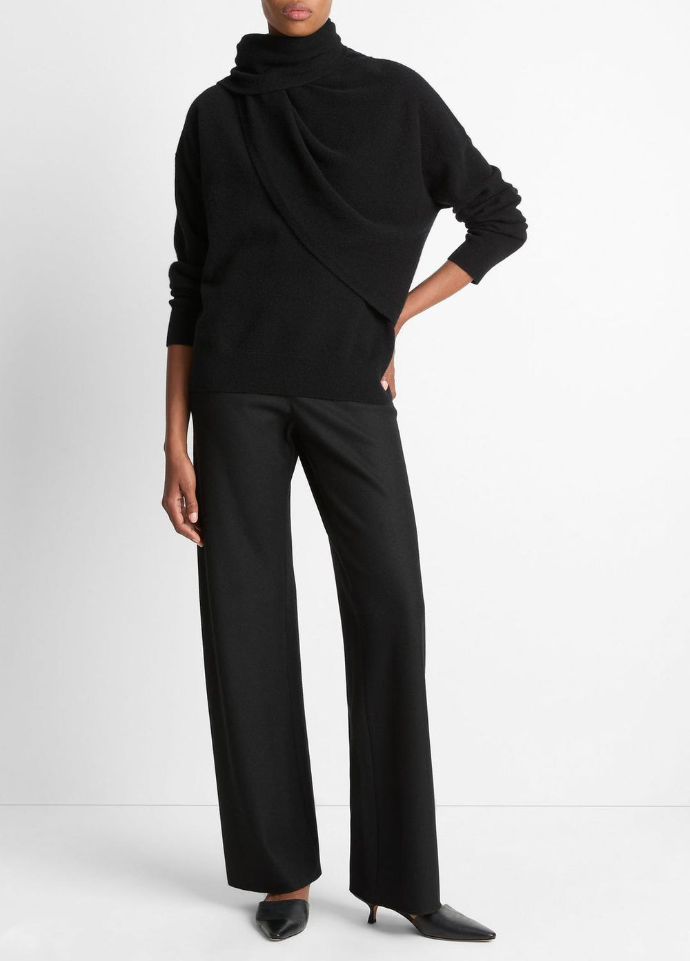 VINCE | Draped-Shawl Wool-Cashmere Sweater in Turtleneck - BLACK