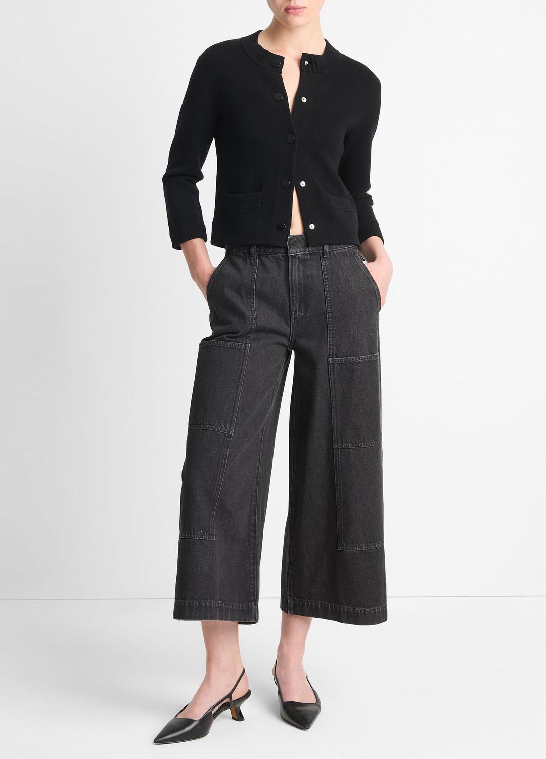 VINCE | Wool-Blend Shrunken Snap Cardigan in Cardigans - BLACK