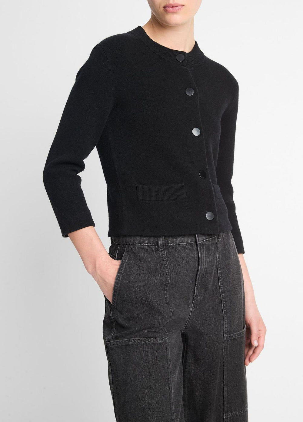 VINCE | Wool-Blend Shrunken Snap Cardigan in Cardigans - BLACK