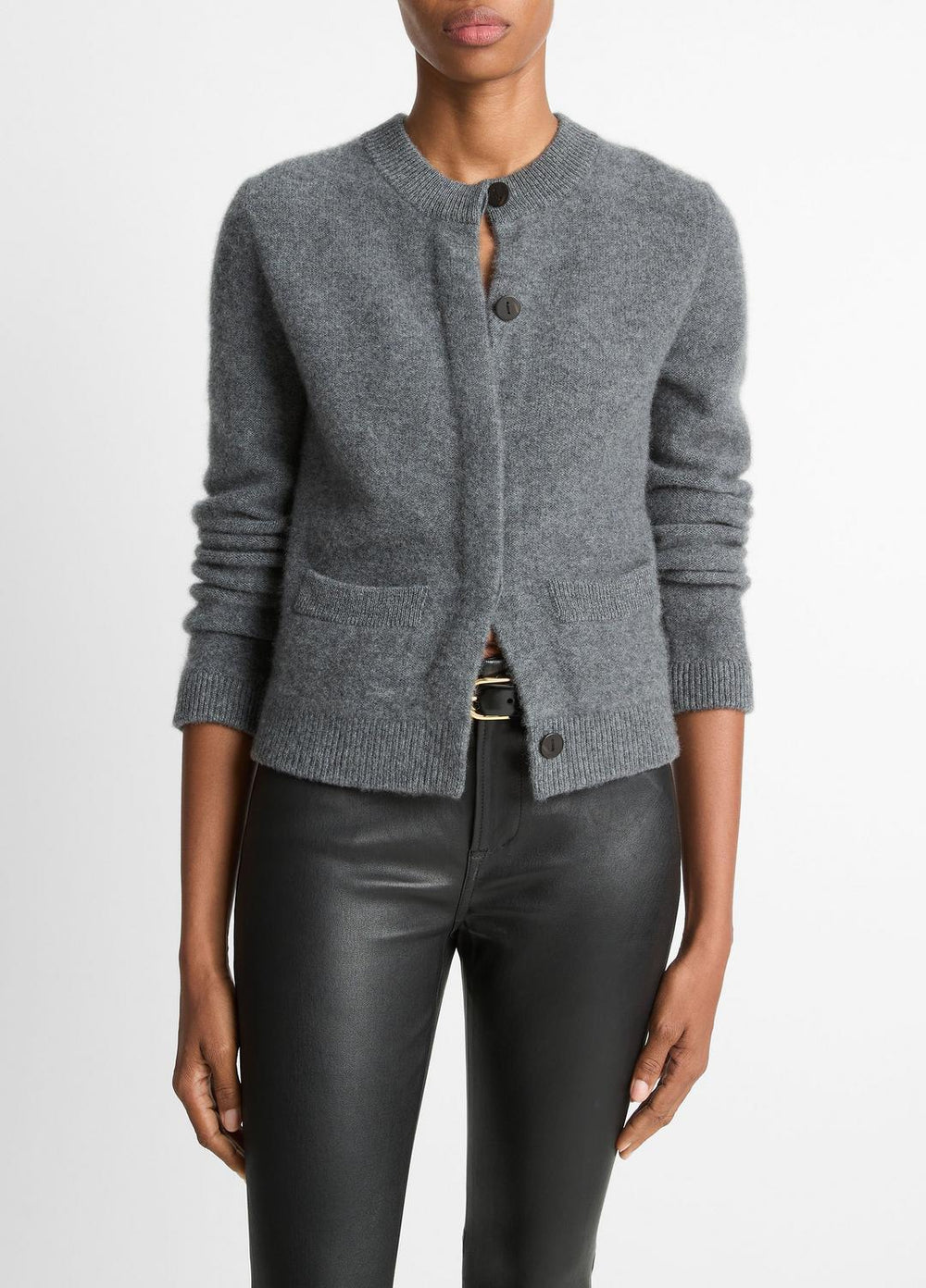 VINCE | Plush Cashmere Shrunken Cardigan in Cardigans - HEATHER GRAPHITE