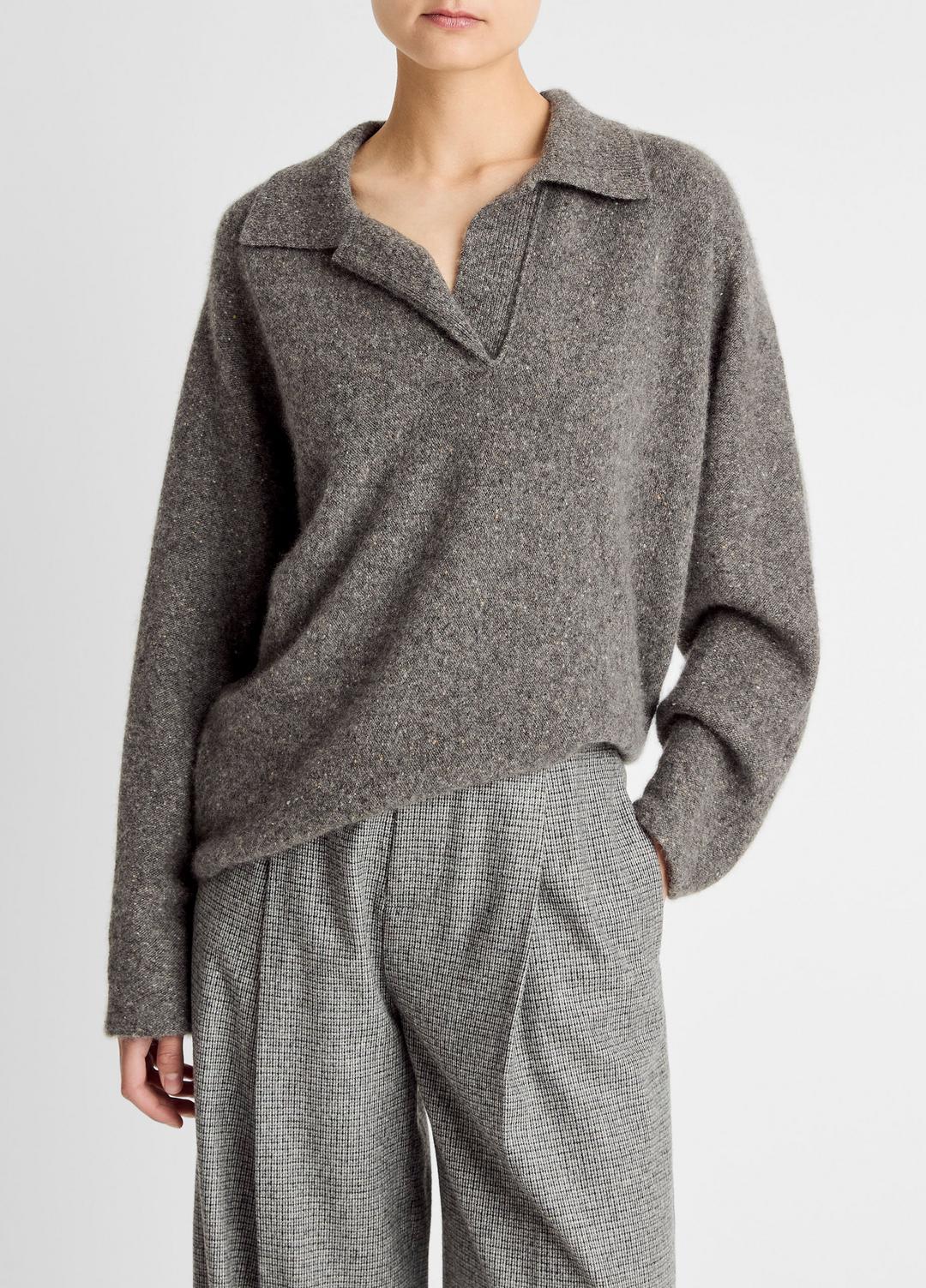 VINCE | Donegal Plush Cashmere Dolman-Sleeve Polo Sweater in Cashmere - MEDIUM HEATHER GREY DONEGAL