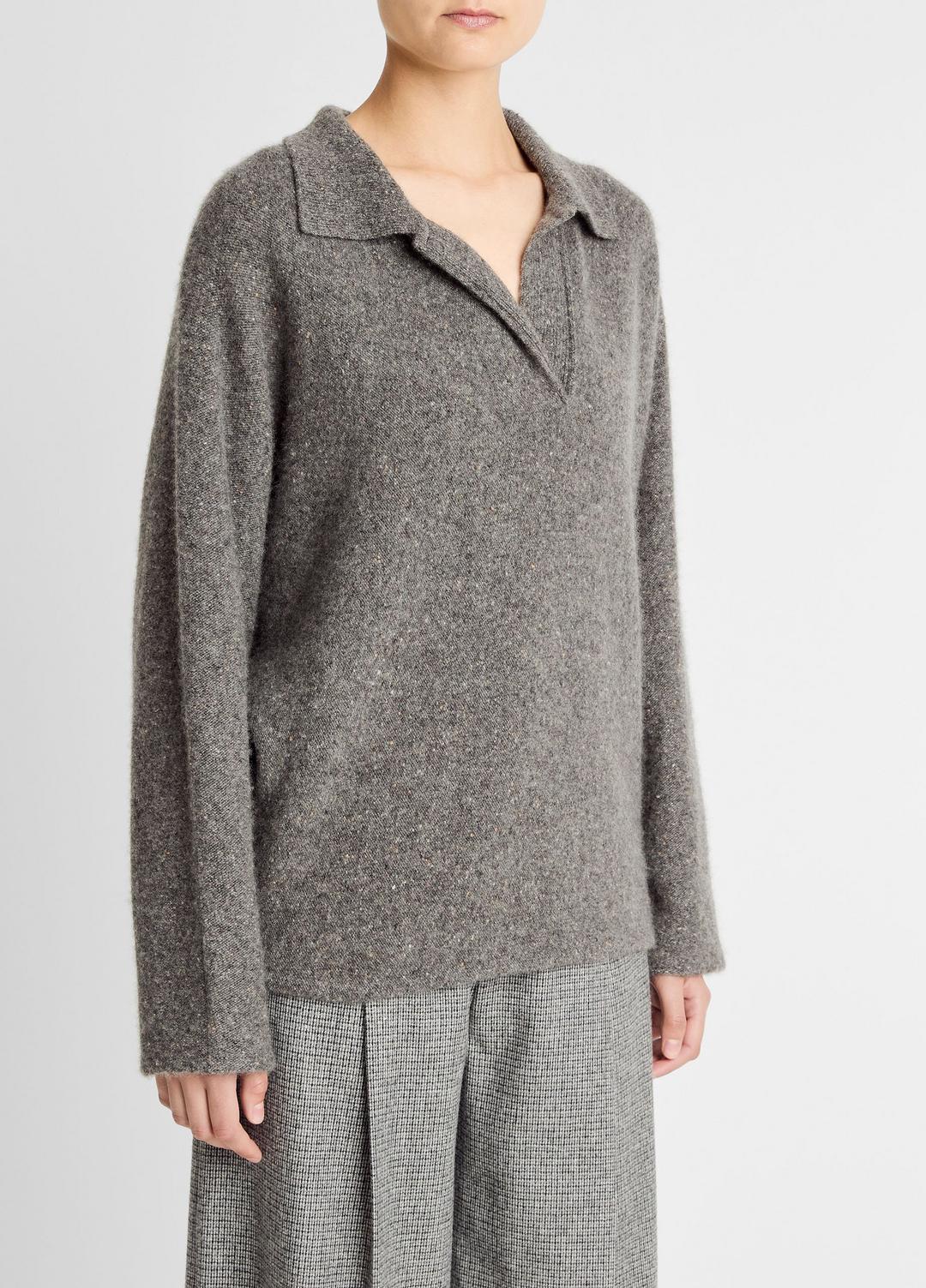 VINCE | Donegal Plush Cashmere Dolman-Sleeve Polo Sweater in Cashmere - MEDIUM HEATHER GREY DONEGAL