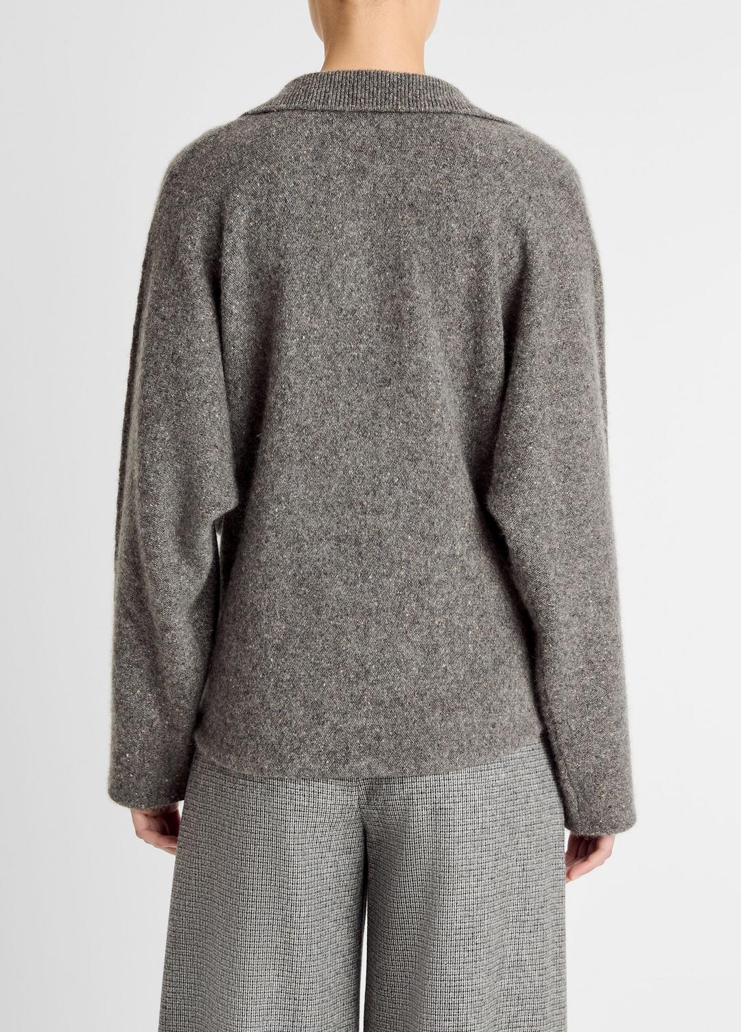 VINCE | Donegal Plush Cashmere Dolman-Sleeve Polo Sweater in Cashmere - MEDIUM HEATHER GREY DONEGAL