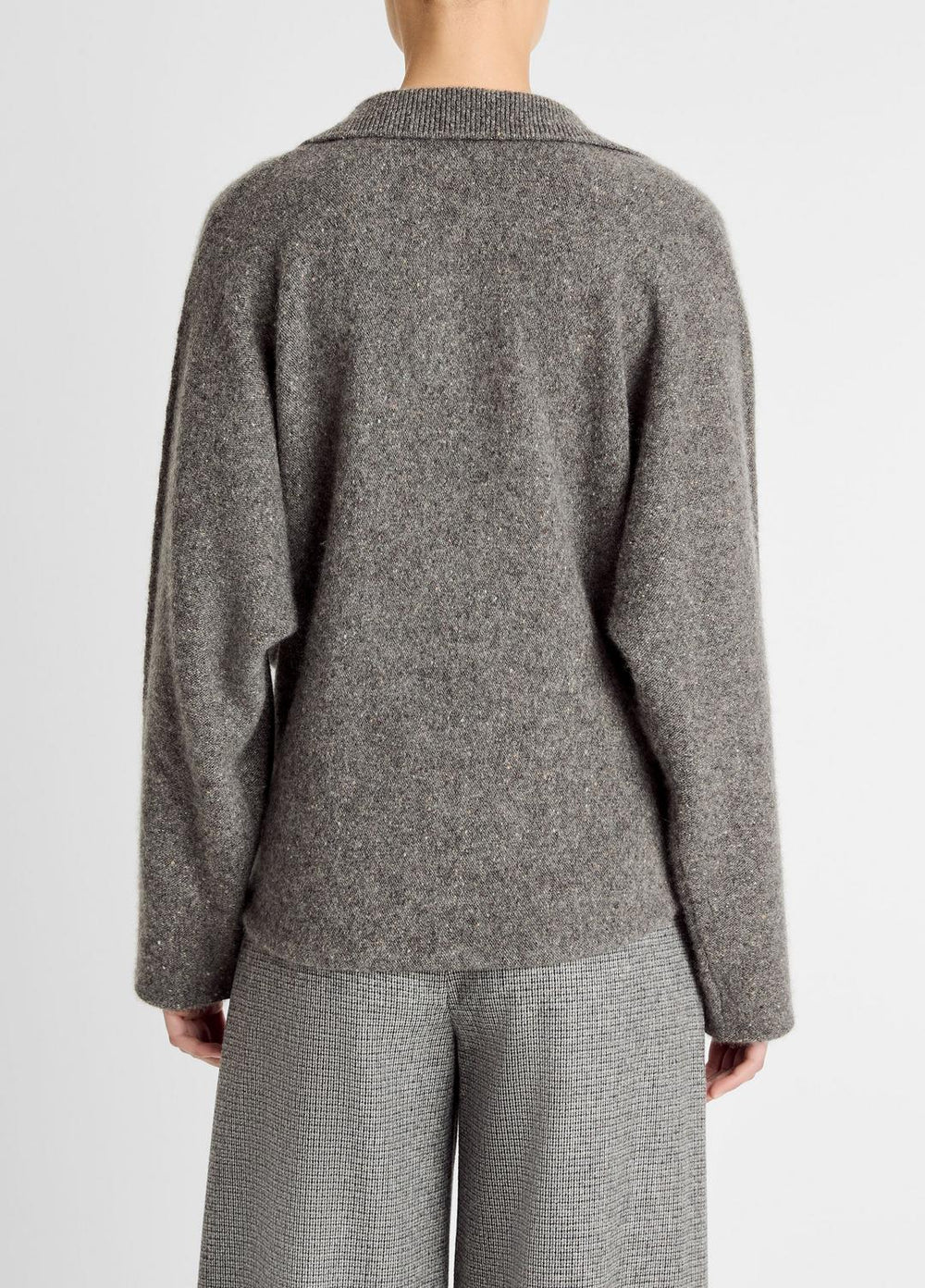 VINCE | Donegal Plush Cashmere Dolman-Sleeve Polo Sweater in Cashmere - MEDIUM HEATHER GREY DONEGAL