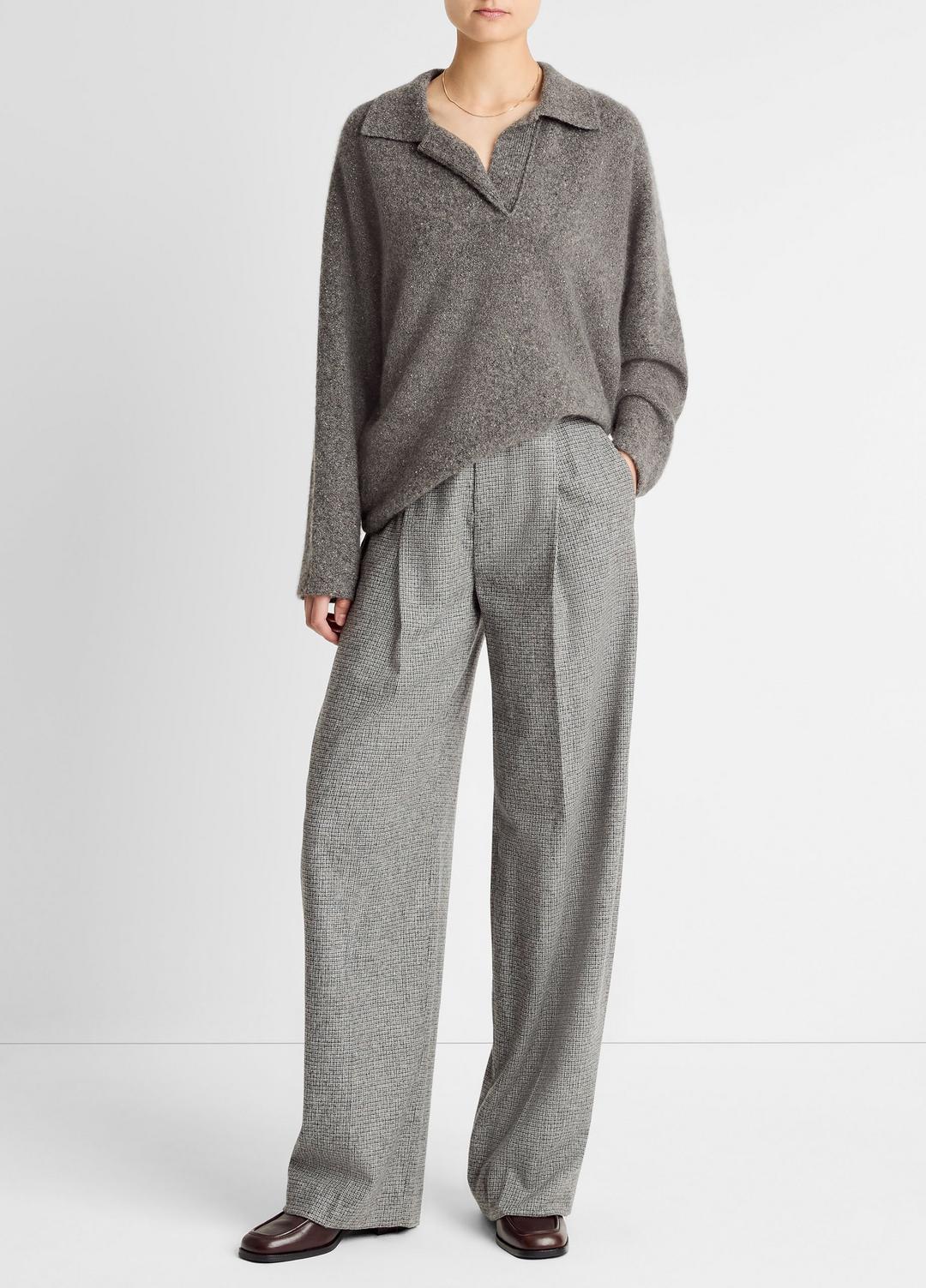VINCE | Donegal Plush Cashmere Dolman-Sleeve Polo Sweater in Cashmere - MEDIUM HEATHER GREY DONEGAL