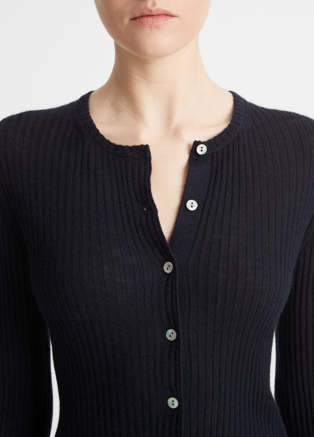 VINCE | Ribbed Cashmere-Silk Cardigan in Cardigans - COASTAL BLUE