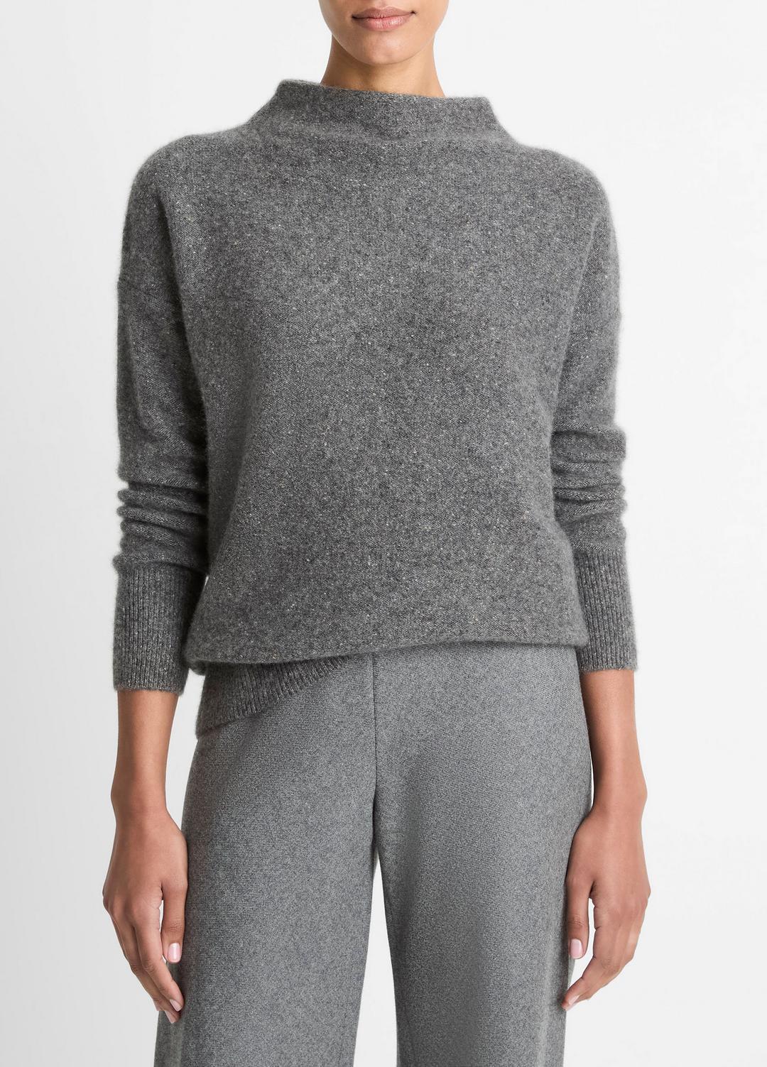 VINCE | Donegal Cashmere Funnel-Neck Sweater in Turtleneck - MEDIUM HEATHER GREY DONEGAL