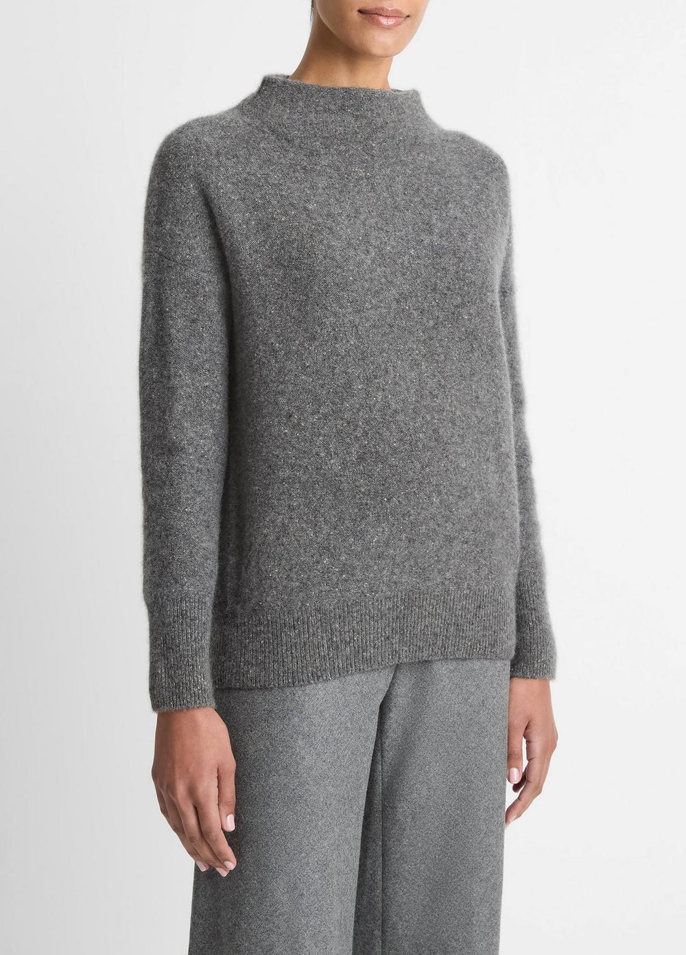 VINCE | Donegal Cashmere Funnel-Neck Sweater in Turtleneck - MEDIUM HEATHER GREY DONEGAL