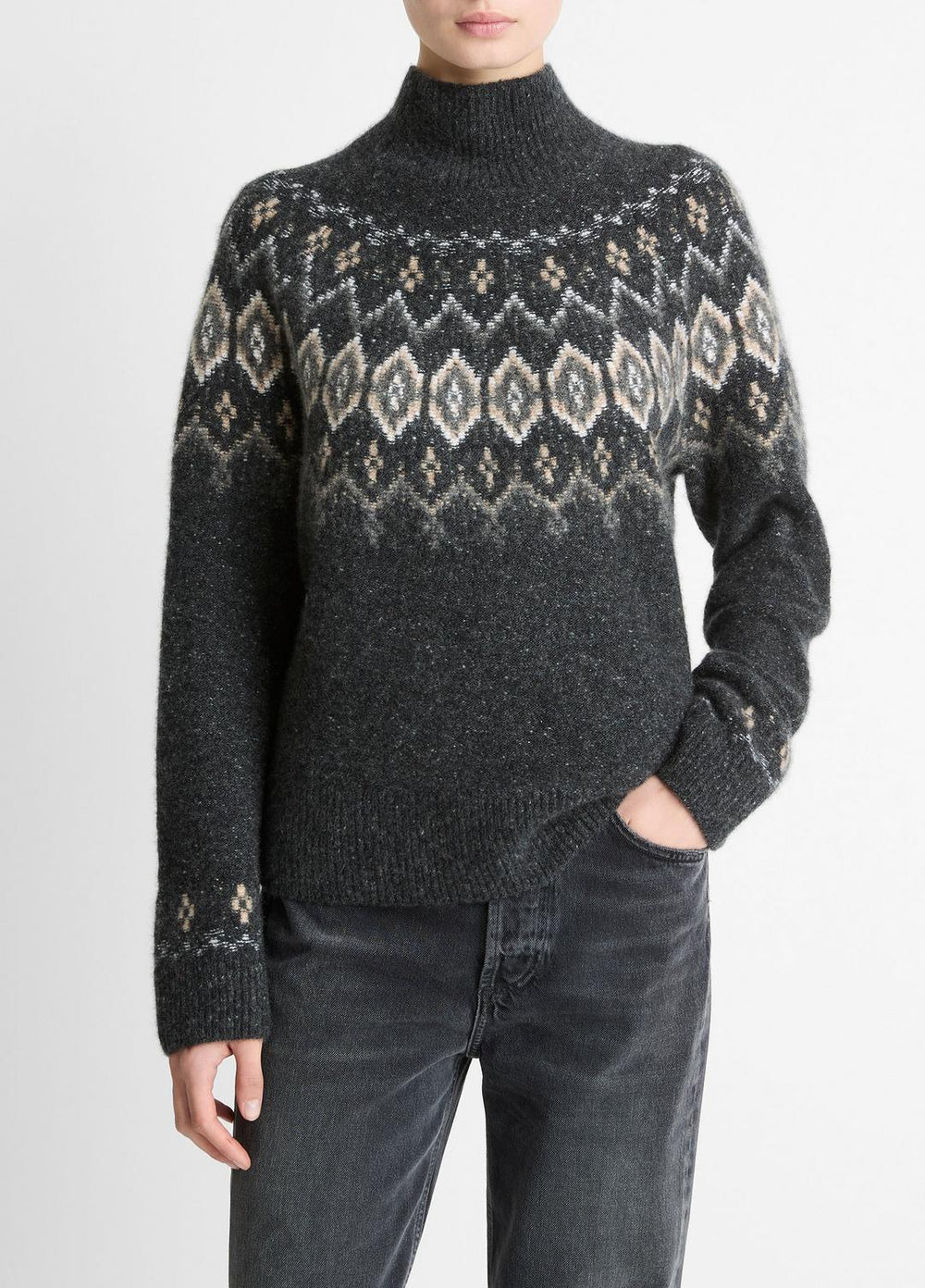 VINCE | Fair Isle Donegal Cashmere Turtleneck Sweater in Turtleneck - HEATHER CHARCOAL COMBO