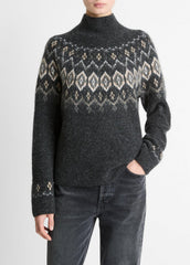 VINCE | Fair Isle Donegal Cashmere Turtleneck Sweater in Turtleneck - HEATHER CHARCOAL COMBO