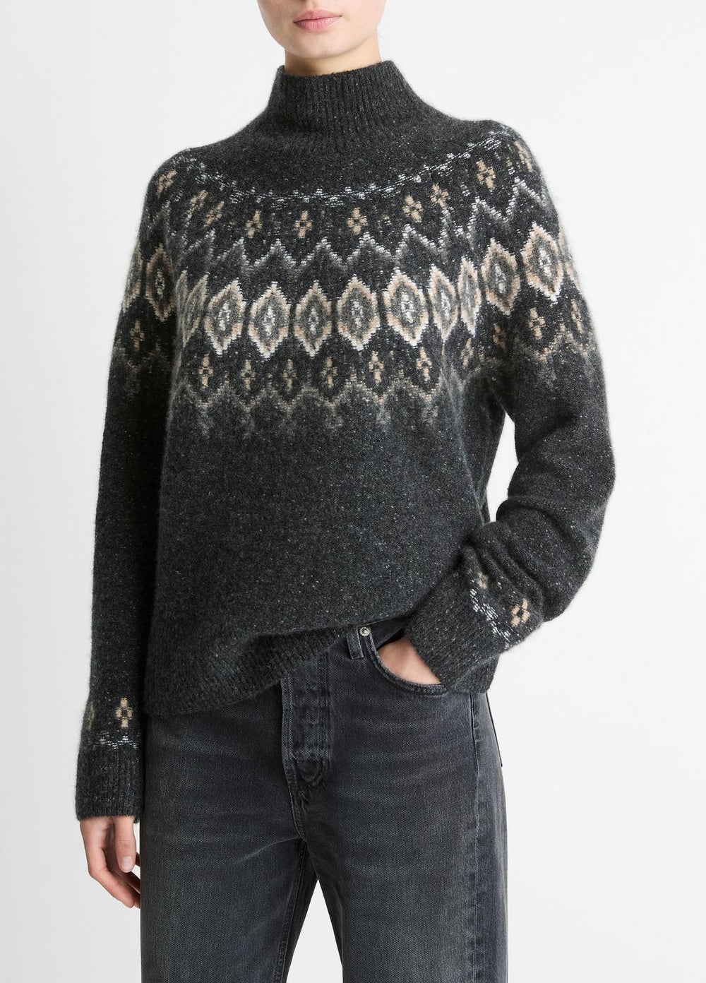VINCE | Fair Isle Donegal Cashmere Turtleneck Sweater in Turtleneck - HEATHER CHARCOAL COMBO