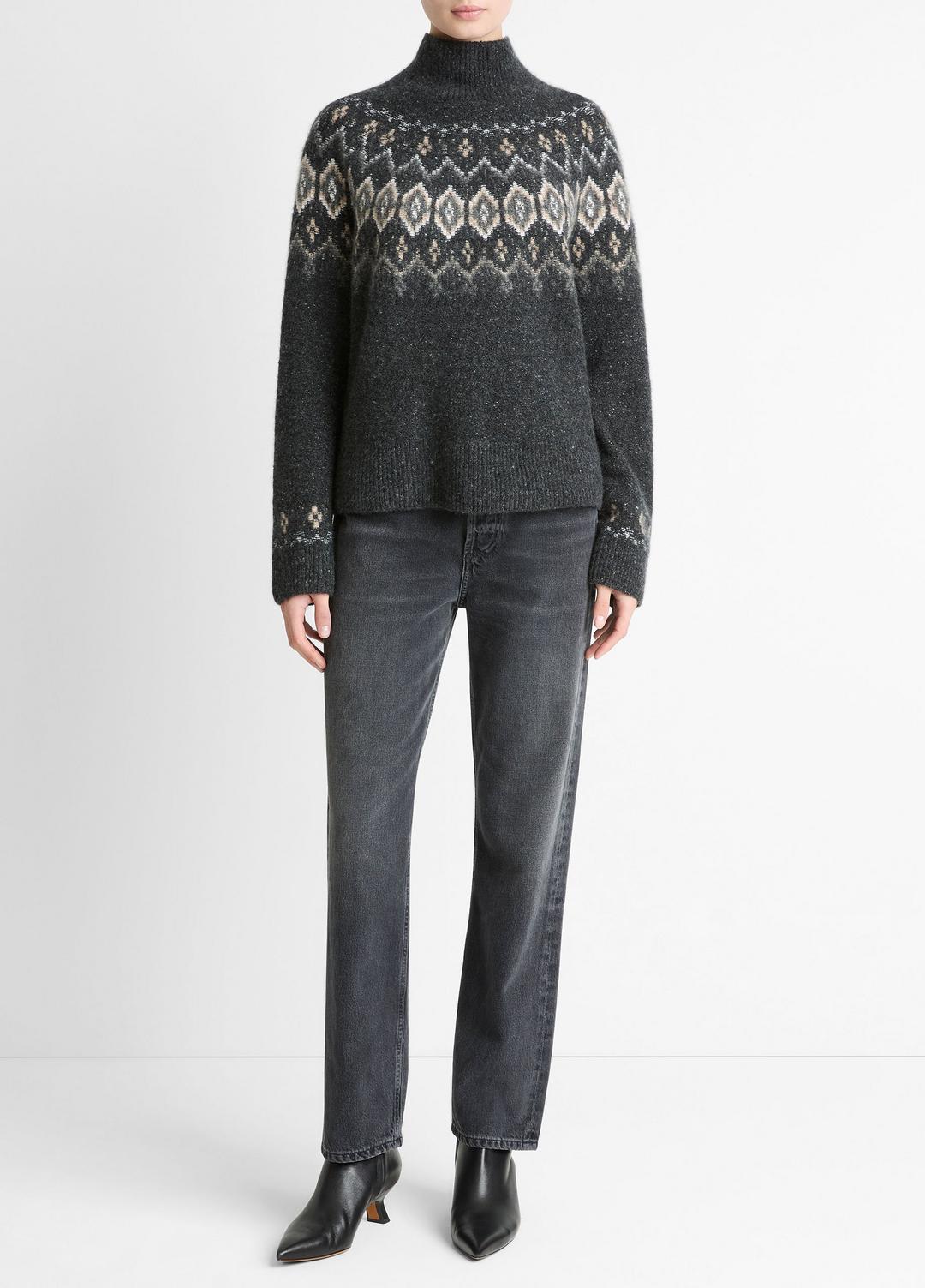 VINCE | Fair Isle Donegal Cashmere Turtleneck Sweater in Turtleneck - HEATHER CHARCOAL COMBO