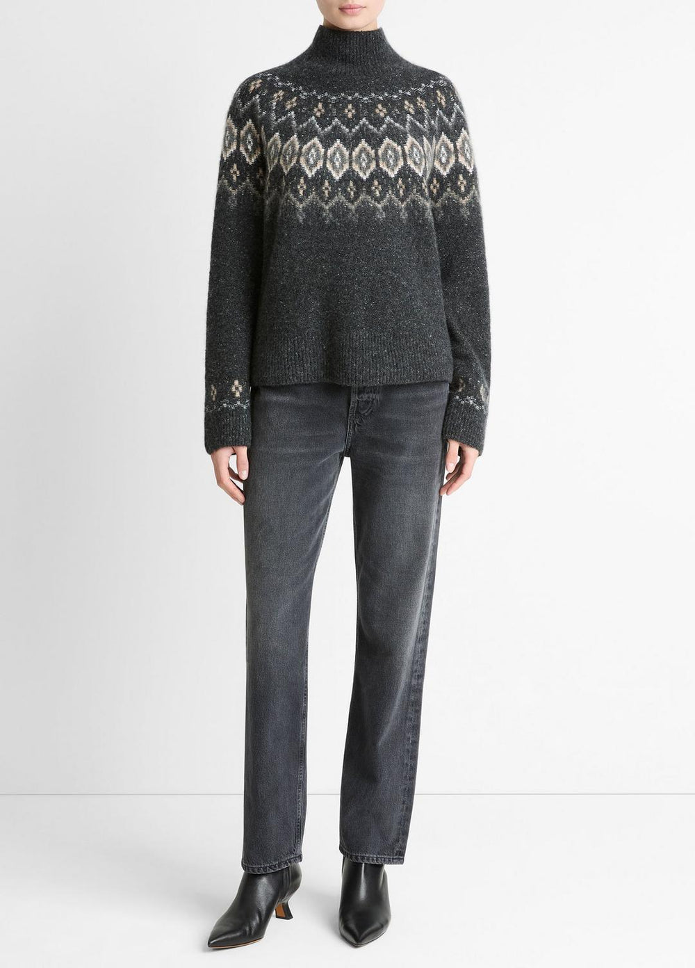 VINCE | Fair Isle Donegal Cashmere Turtleneck Sweater in Turtleneck - HEATHER CHARCOAL COMBO