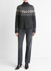 VINCE | Fair Isle Donegal Cashmere Turtleneck Sweater in Turtleneck - HEATHER CHARCOAL COMBO