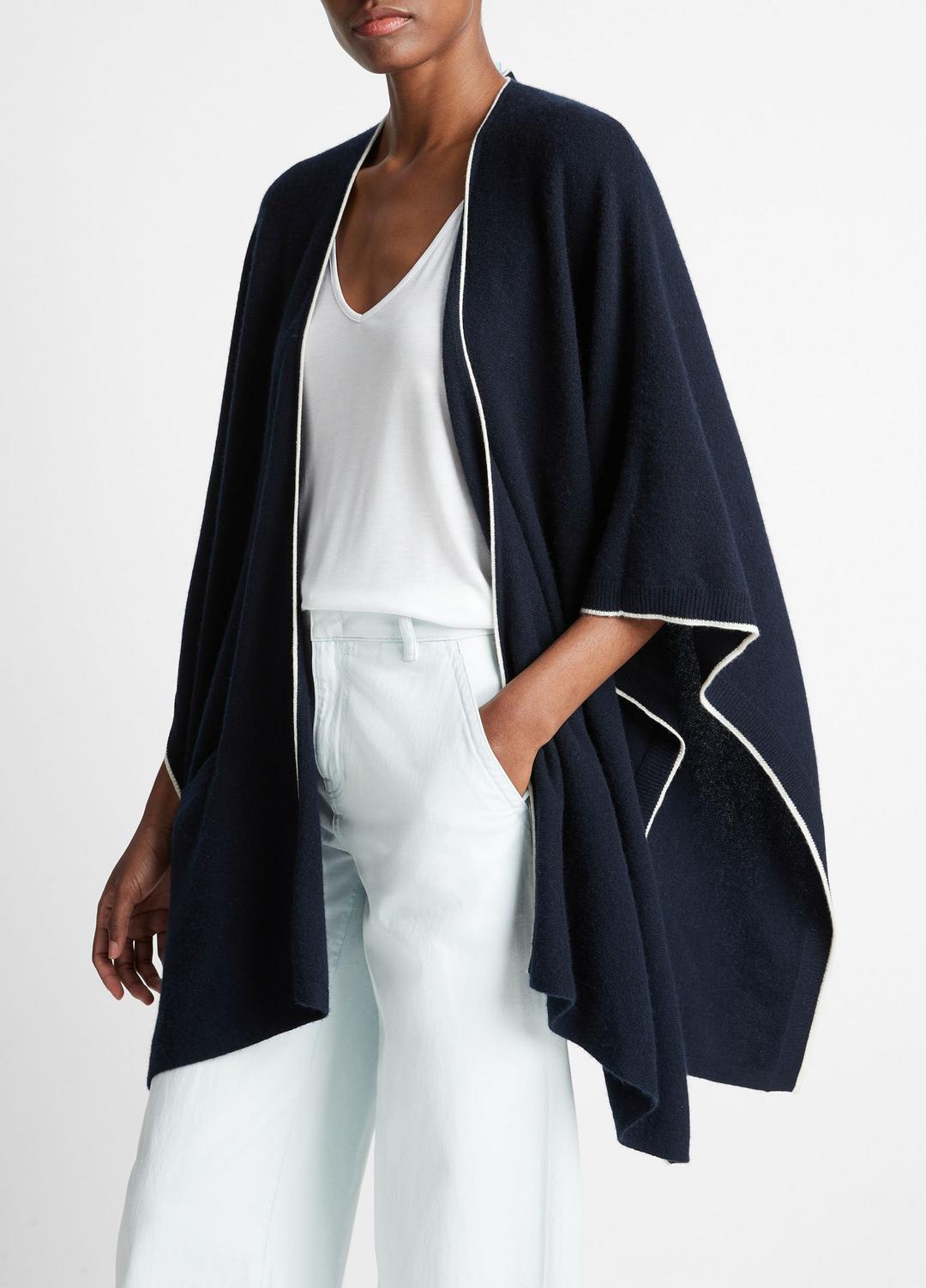 VINCE | Tipped Jersey-Knit Cashmere Cape in Sweaters - COASTAL BLUE/WHITE