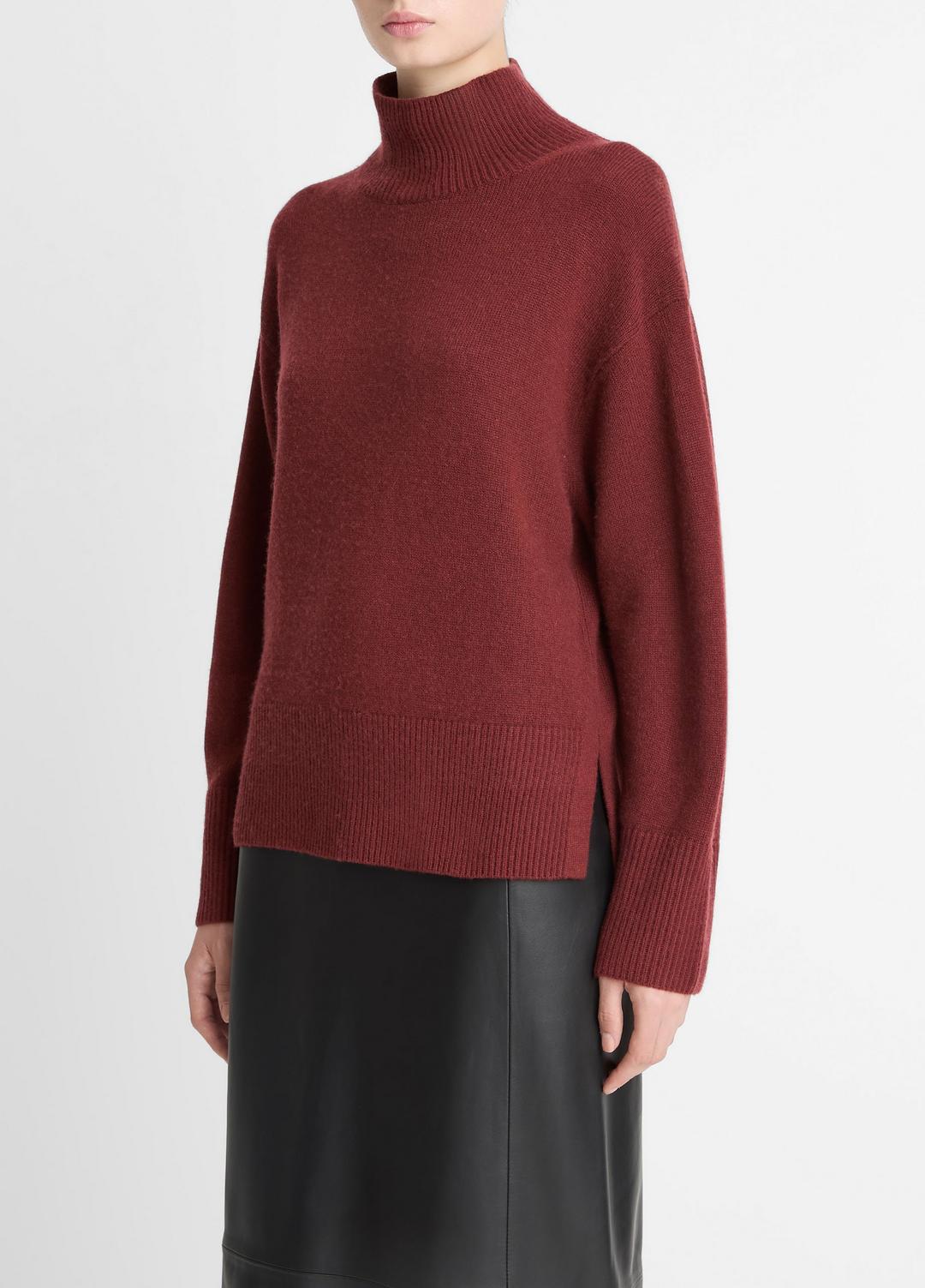 VINCE | Wool-Cashmere Side-Slit Turtleneck Sweater in Turtleneck - BORDEAUX