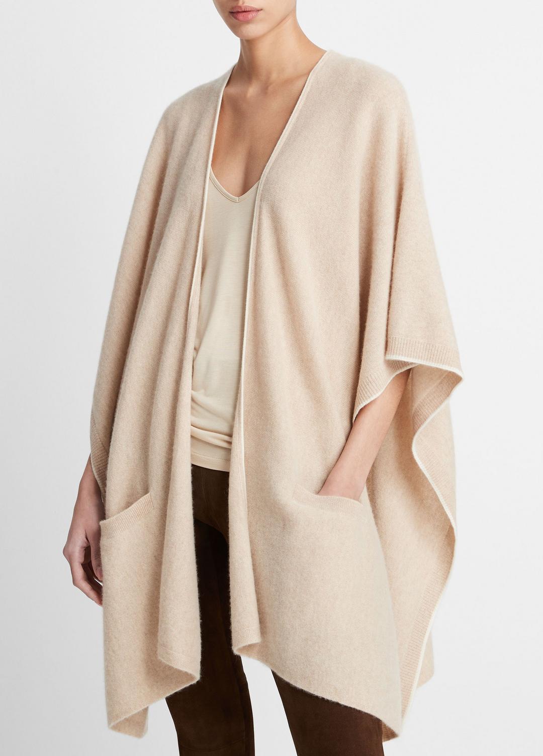 VINCE | Tipped Jersey-Knit Cashmere Cape in Sweaters - OAK/WHITE