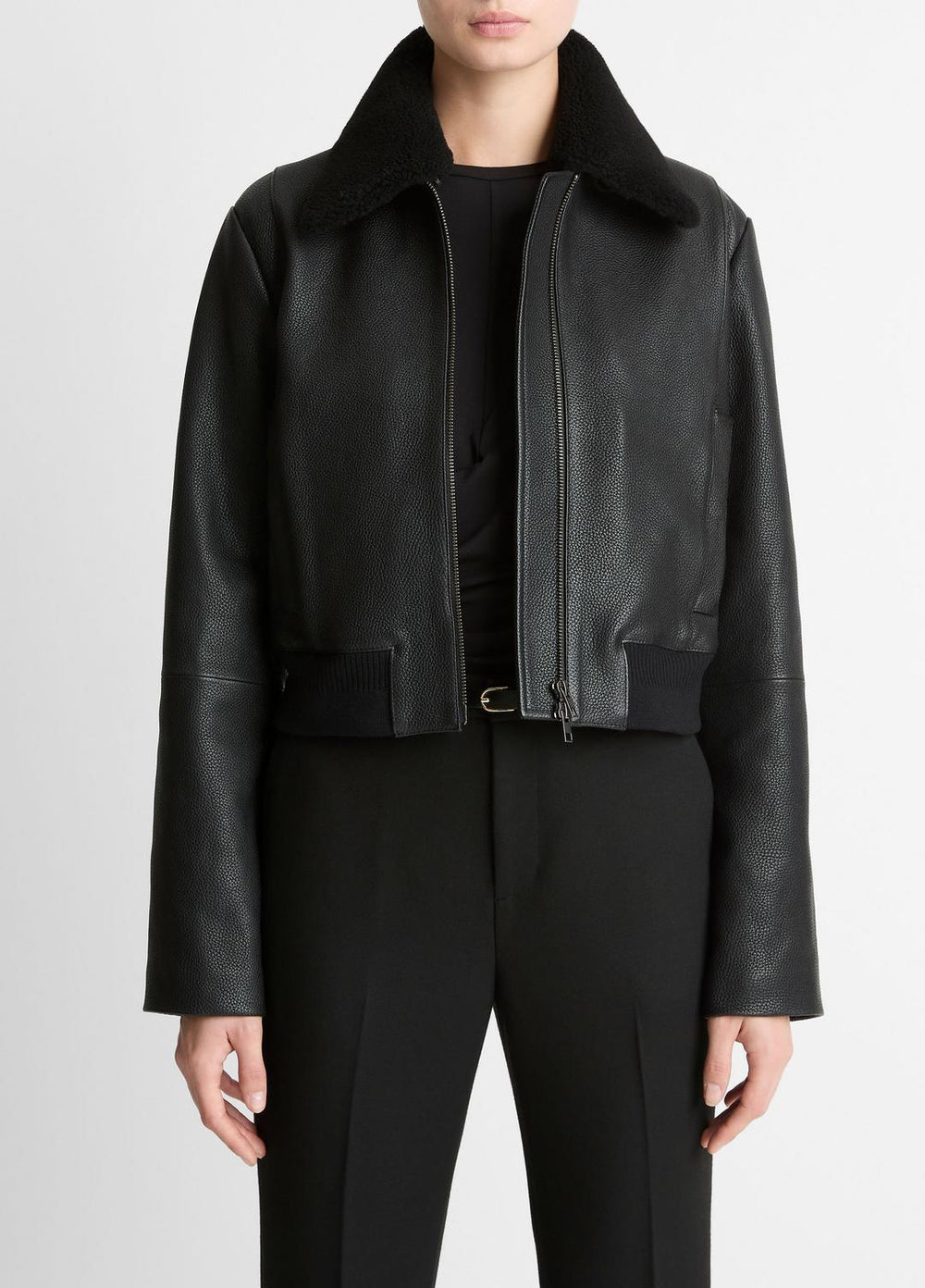 VINCE | Shearling-Trim Shrunken Leather Jacket in Leather Jackets - BLACK