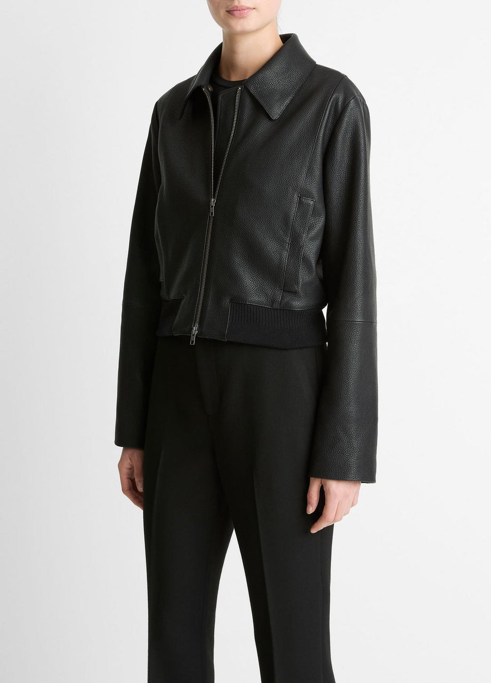 VINCE | Shearling-Trim Shrunken Leather Jacket in Leather Jackets - BLACK