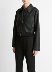 VINCE | Shearling-Trim Shrunken Leather Jacket in Leather Jackets - BLACK