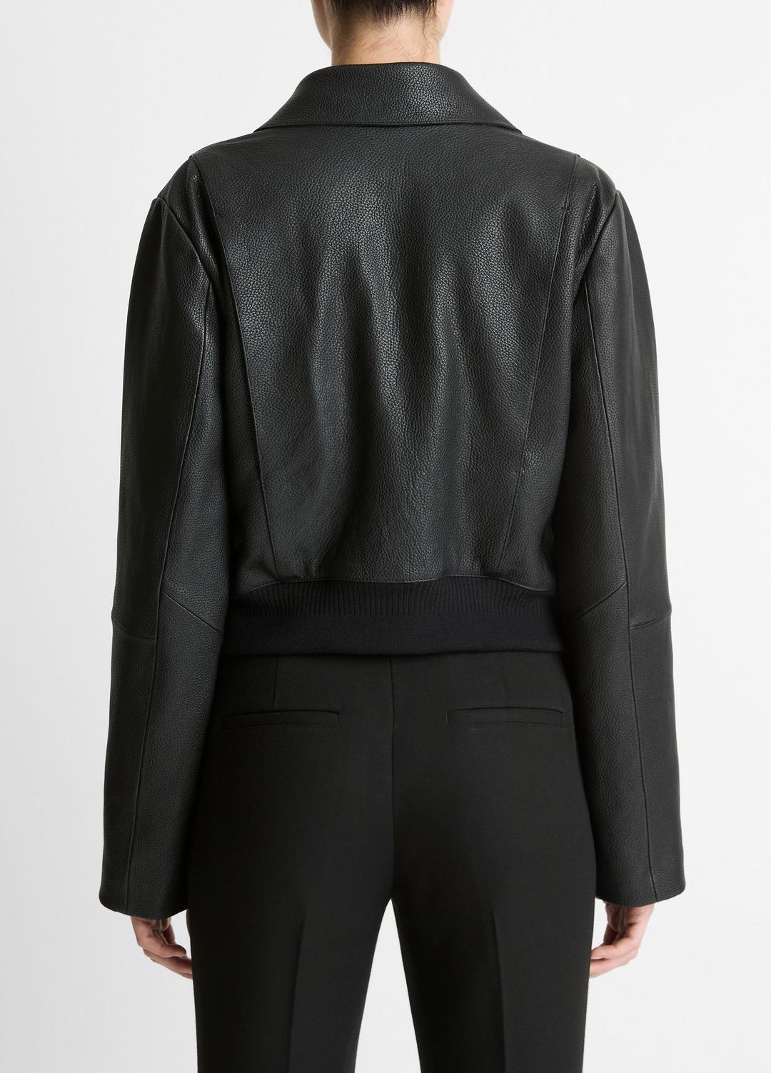 VINCE | Shearling-Trim Shrunken Leather Jacket in Leather Jackets - BLACK