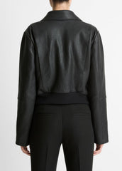 VINCE | Shearling-Trim Shrunken Leather Jacket in Leather Jackets - BLACK