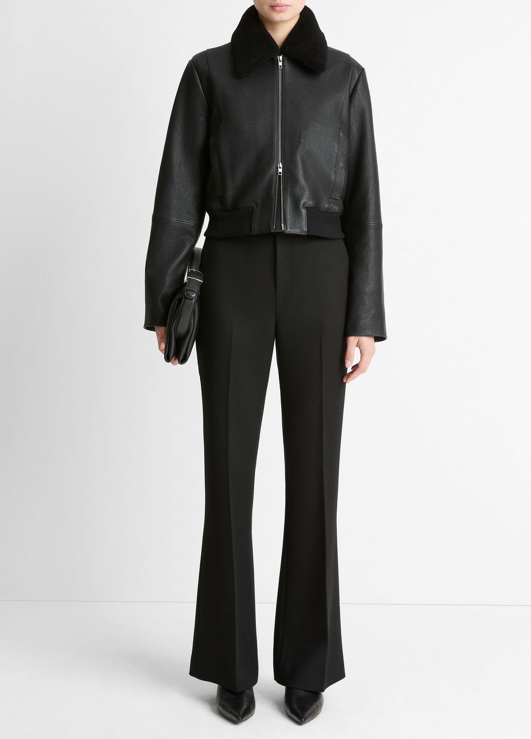 VINCE | Shearling-Trim Shrunken Leather Jacket in Leather Jackets - BLACK