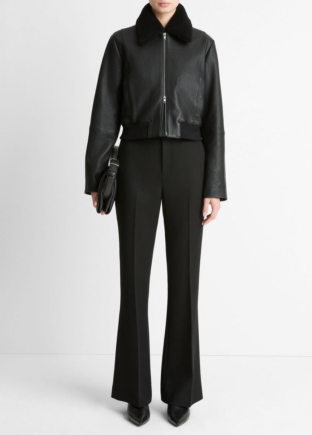 VINCE | Shearling-Trim Shrunken Leather Jacket in Leather Jackets - BLACK