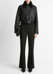 VINCE | Shearling-Trim Shrunken Leather Jacket in Leather Jackets - BLACK