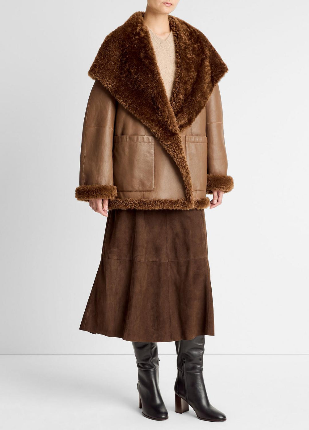 VINCE | Shearling Hooded Jacket in Jackets - COGNAC ESPRESSO COMB