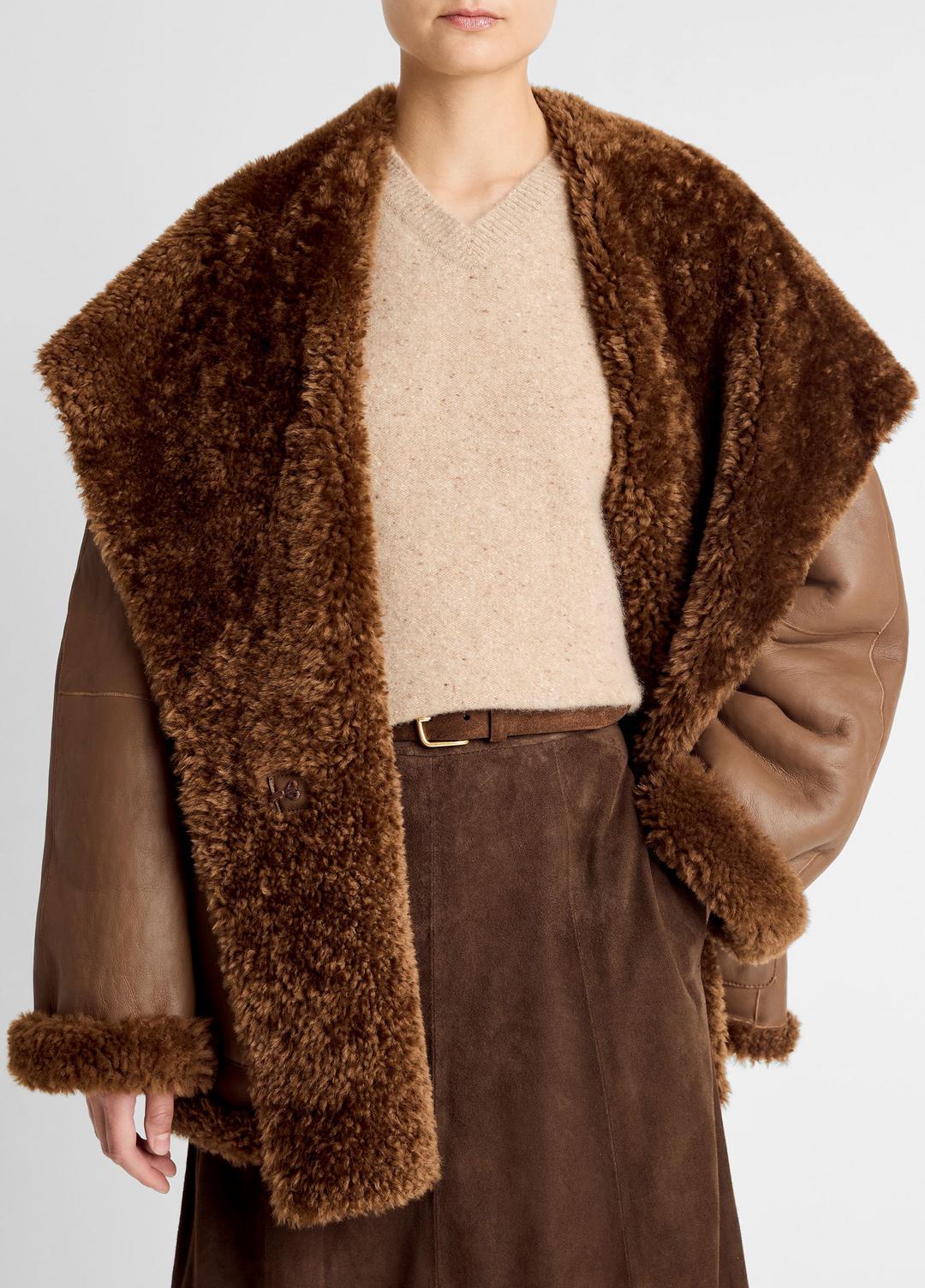 VINCE | Shearling Hooded Jacket in Jackets - COGNAC ESPRESSO COMB