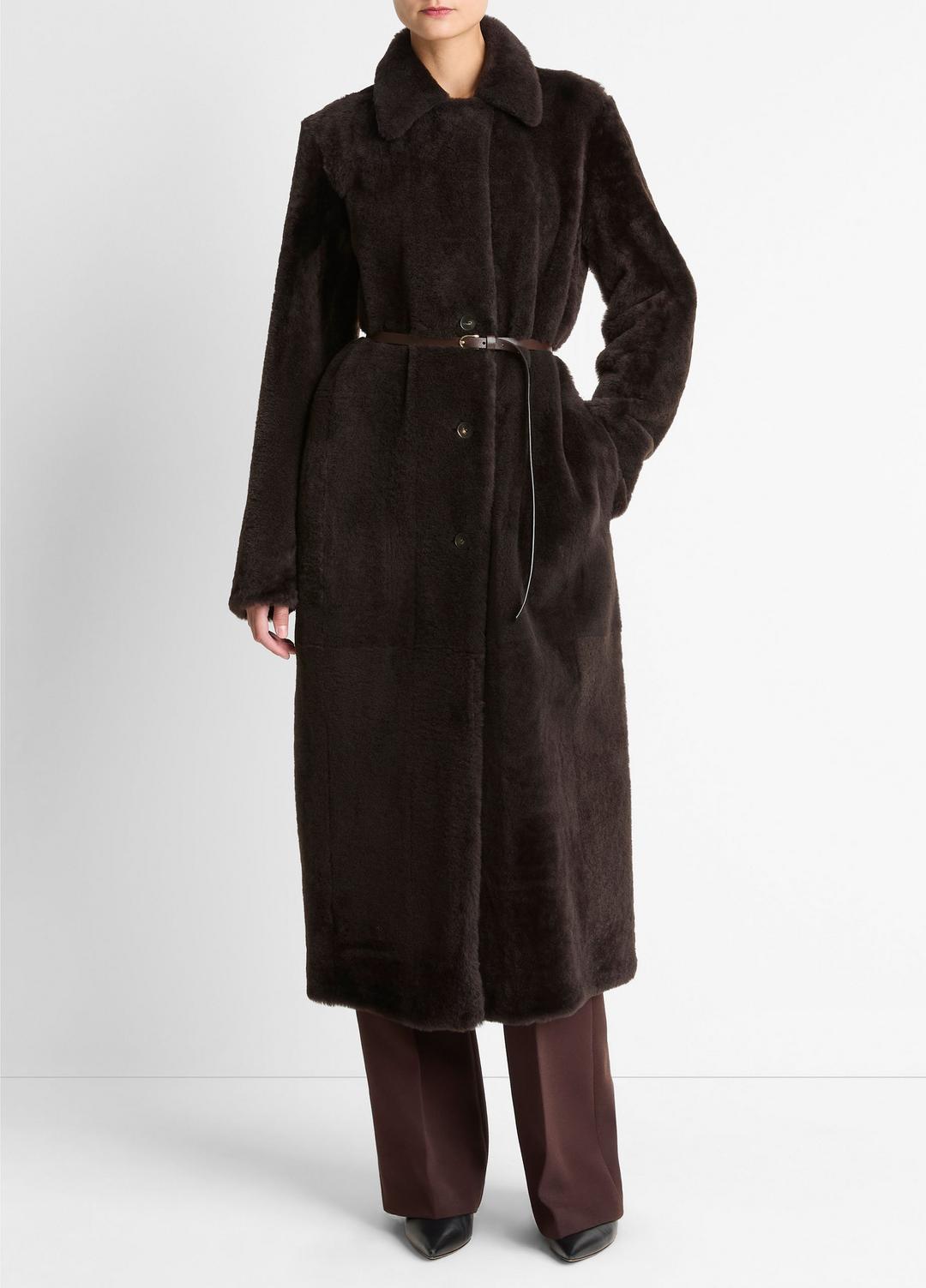 VINCE | Shearling Long Coat in Coats - DARK UMBER