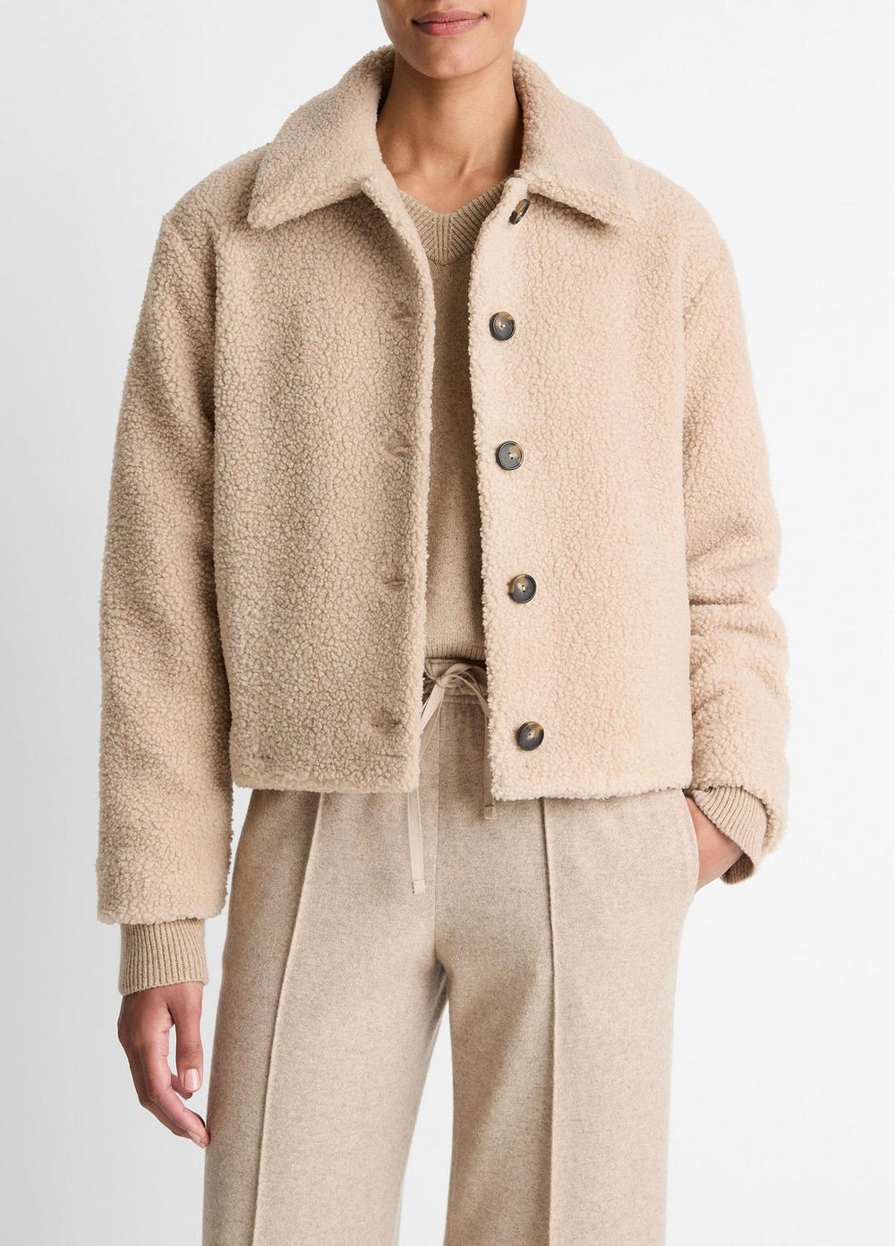 VINCE | Collared Sherpa Jacket in Jackets - MARZIPAN