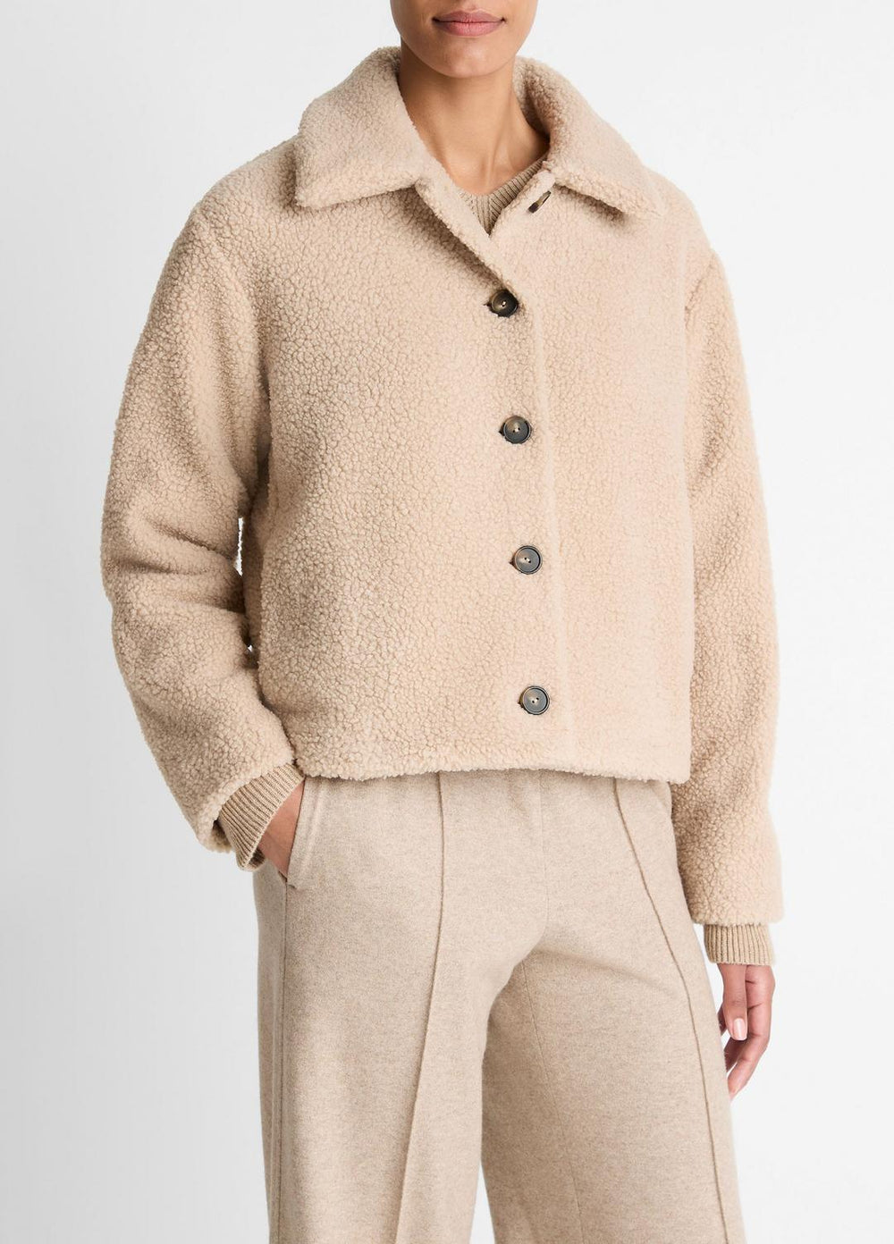 VINCE | Collared Sherpa Jacket in Jackets - MARZIPAN