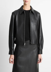 VINCE | Leather Cropped Zip-Front Jacket in Jackets - BLACK
