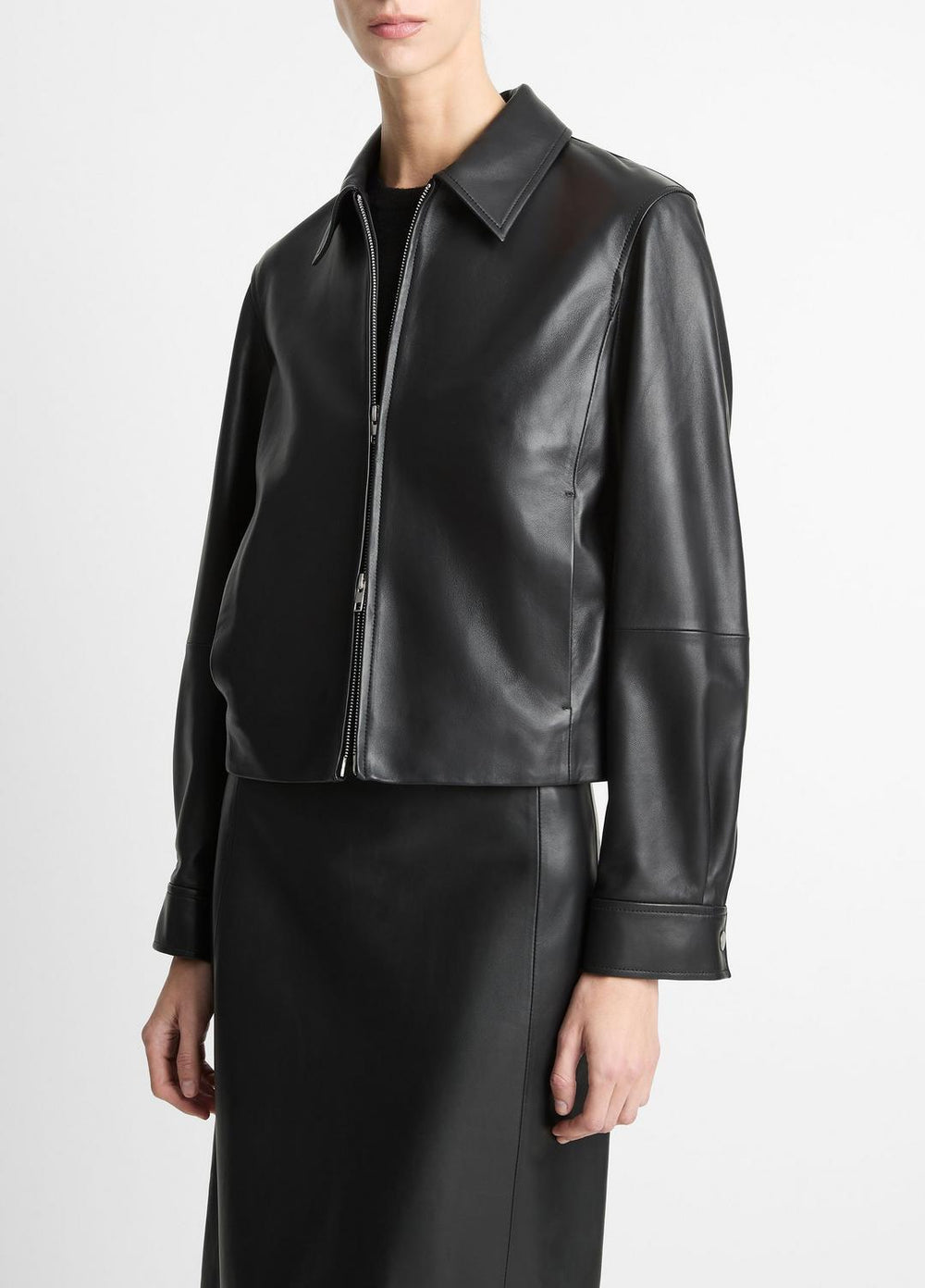 VINCE | Leather Cropped Zip-Front Jacket in Jackets - BLACK