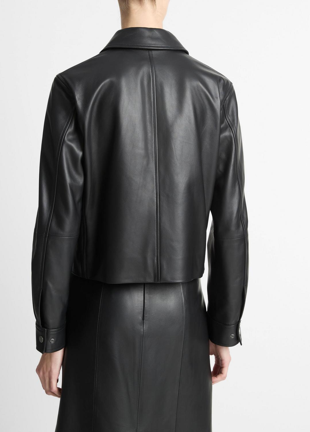 VINCE | Leather Cropped Zip-Front Jacket in Jackets - BLACK