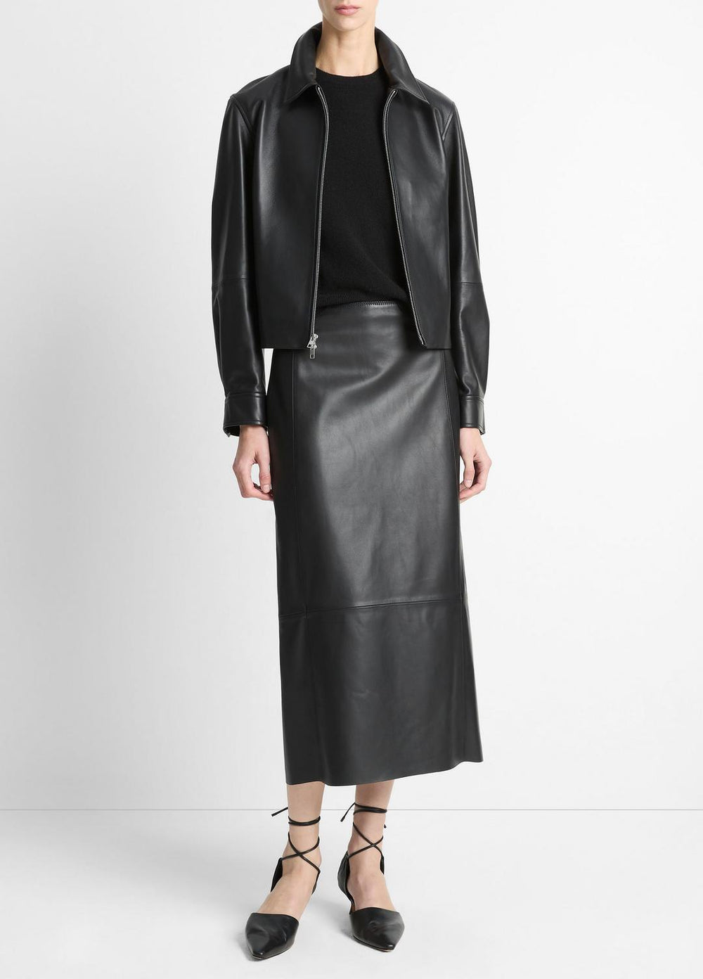 VINCE | Leather Cropped Zip-Front Jacket in Jackets - BLACK