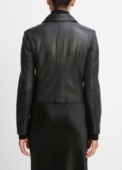 VINCE | Leather Cross-Front Moto Jacket in Leather Jackets - BLACK